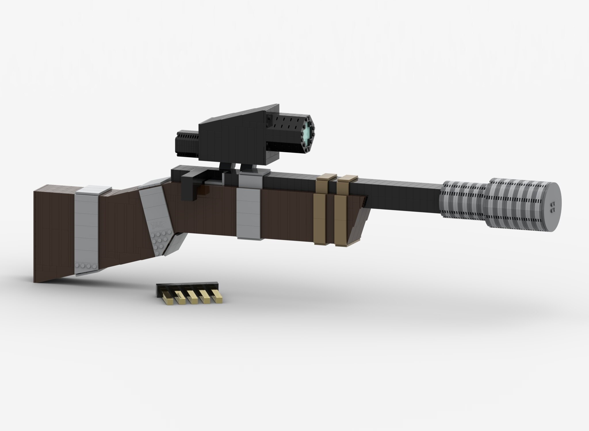 Makeshift Pine Rifle with a makeshift attachments and a rifle clip, made out of Lego bricks.