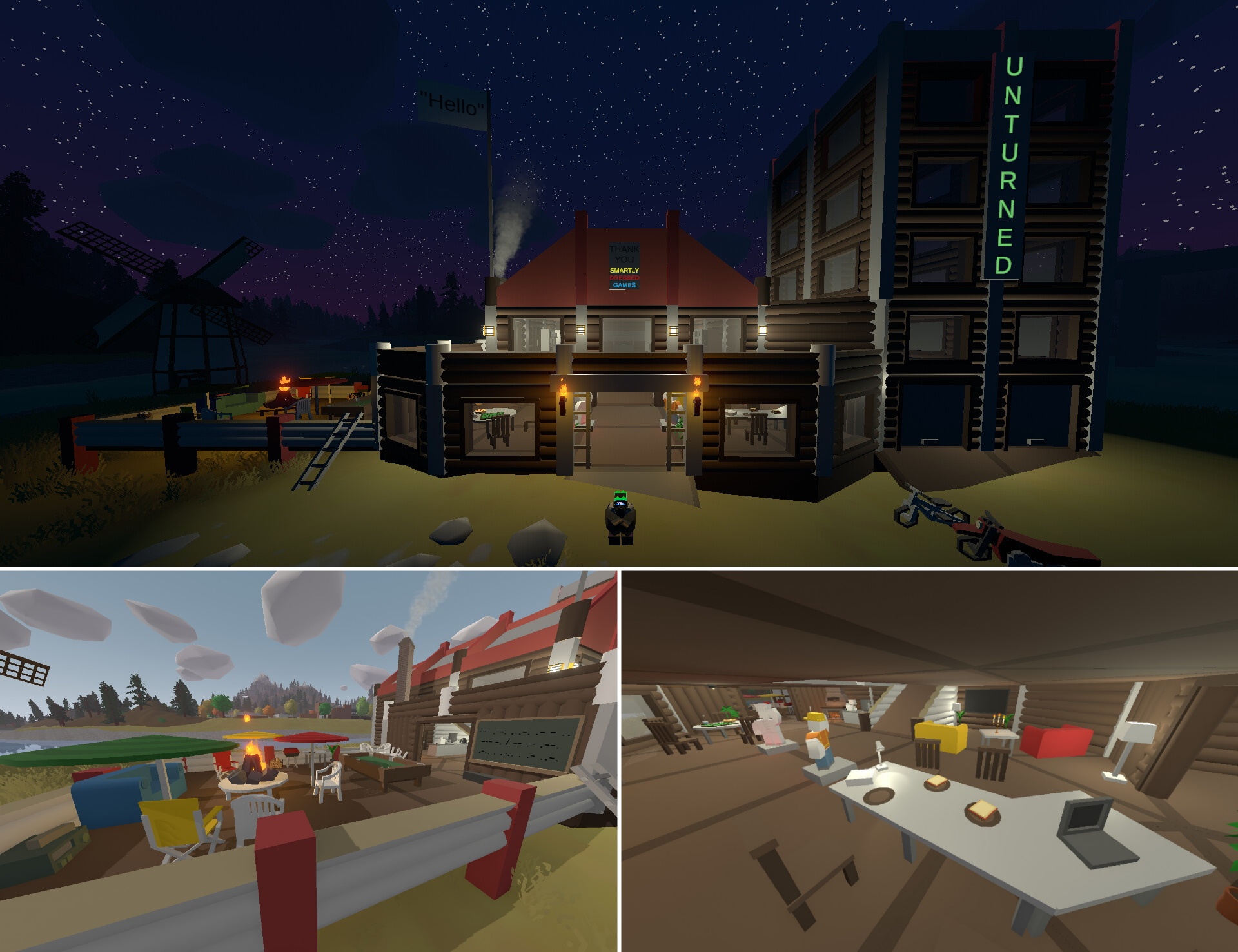 Player-built cozy house, from the exterior, porch, and interior.