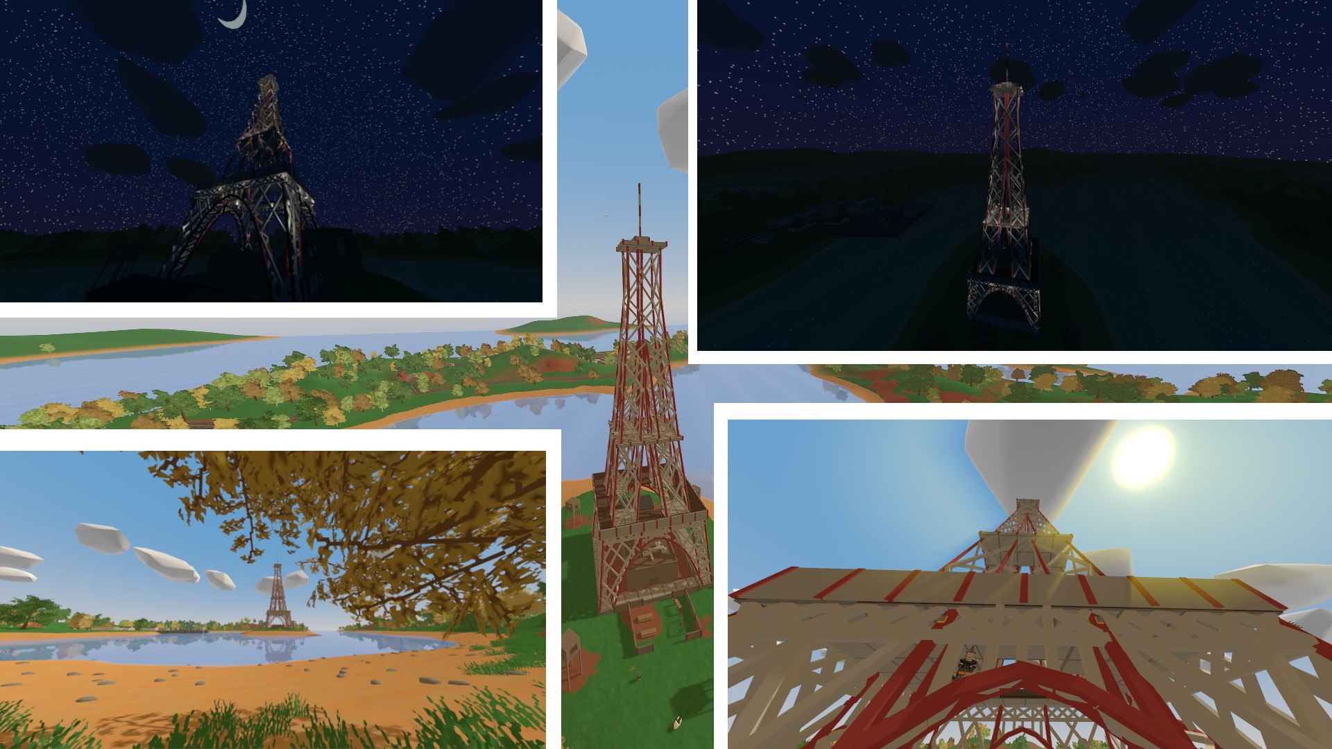 Player-built Eiffel Tower during the day and night.