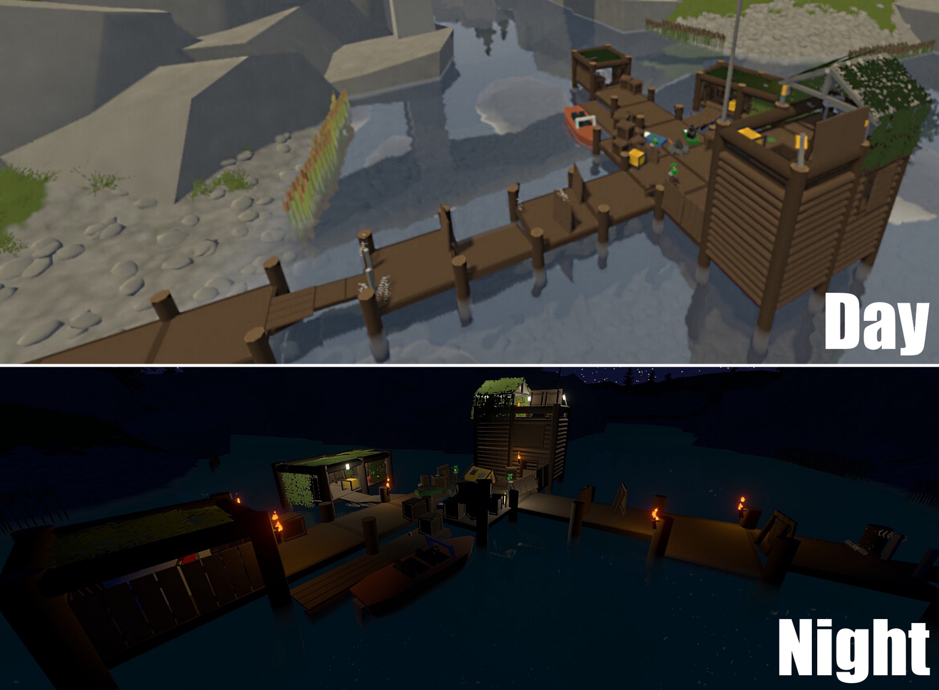 Player-built riverside dock, during the day and night.